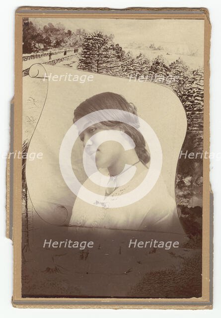 Photographic print of a woman on a stylized background of a scroll and snowscape, early 20th century Creator: Unknown.