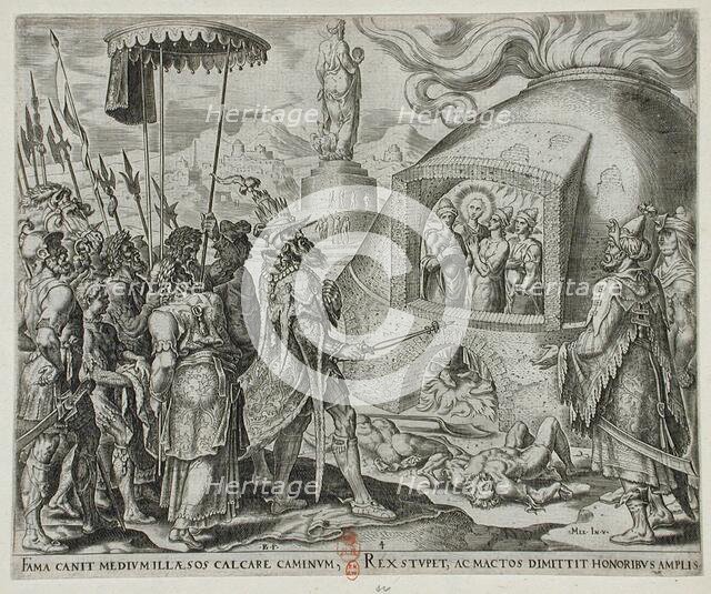 Nebuchadnezzar Seeing the Three Jews Unhurt in the Flames, 1565. Creators: Philip Galle, Nebuchadnezzar II.