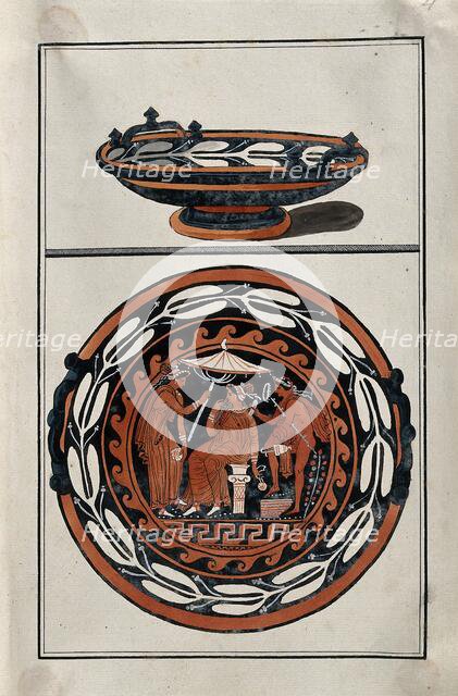 Above, red-figured Greek cup (kylix?); below, detail of decoration showing an outdoor..., 1760-9. Creator: Augustin Dahlsteen.