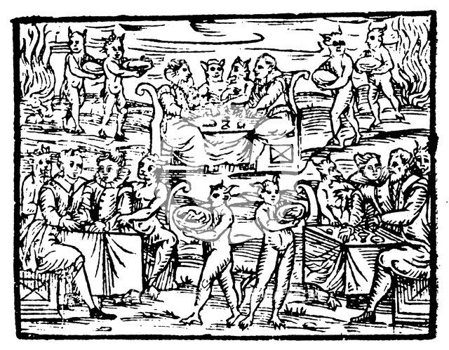 Witches and sorcerers feasting at the Sabbath, 1608. Artist: Unknown