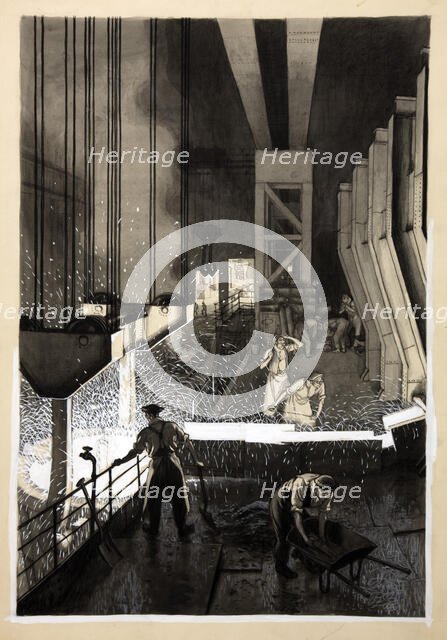 Foundry scene (men supervising pouring of molten metal), between 1939 and 1946. Creators: Unknown, Central Office of Information.