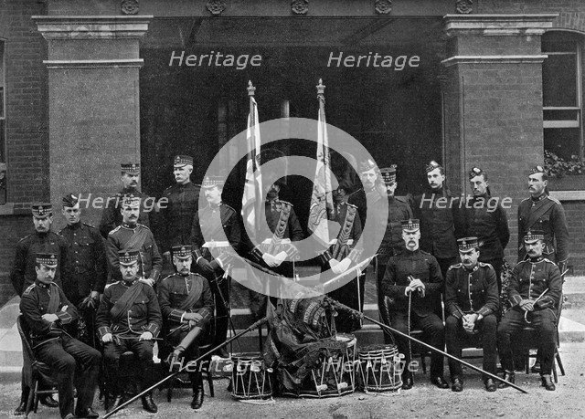 The officers and colours of the 1st Battalion, Royal Scots Fusiliers, 1896. Artist: Wyrall & Son