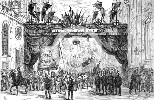 The Lord Mayor's Procession: the Fire Brigade passing the Arch in Lothbury, 1881. Creator: Unknown.