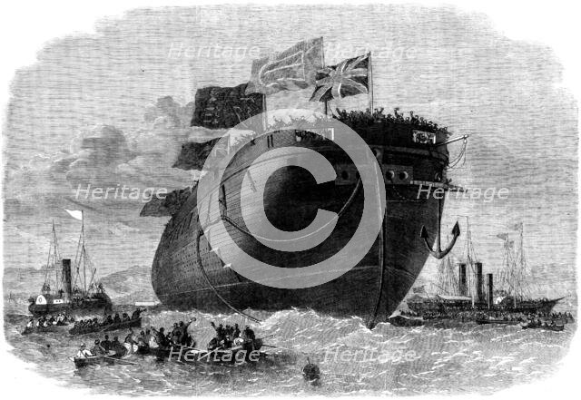 The new iron-clad fleet: launch at Chatham Dockyard of H.M.S. frigate Royal Oak, 50 guns, 1862. Creator: Unknown.