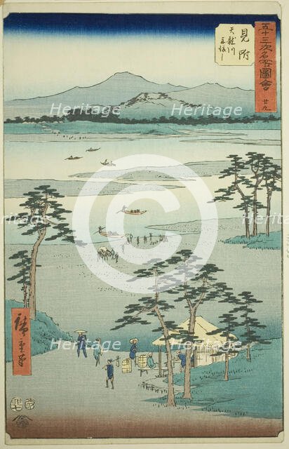 Mitsuke: Ferry on the Tenryu River (Mitsuke, Tenryugawa funewatashi), no. 29 from the seri..., 1855. Creator: Ando Hiroshige.