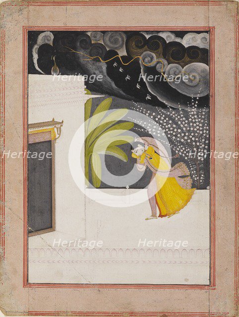 Lady on a terrace seeking shelter from the rains, early 19th century. Artist: Unknown.