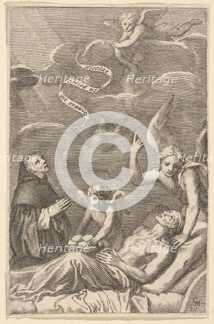 St. Nicolas Praying for a Dying Man. Creator: Claude Mellan.