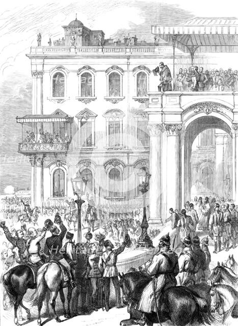 The Emperor of Russia bowing to the people from the Soltykoff Balcony of the Winter Palace, 1880. Creator: Unknown.