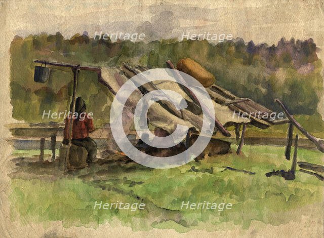 A Woman by the Fire and Tent, 1927. Creator: Dmitrii Innokent'evich Karatanov.