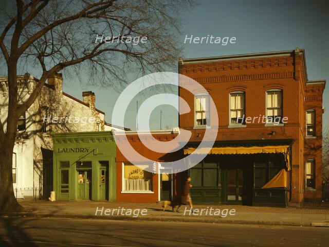 Laundry, barbershop and stores, Washington, D.C.?, between 1941 and 1942. Creator: Louise Rosskam.