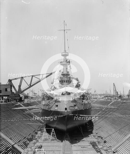 U.S.S. Oregon in dry dock, Brooklyn Navy Yard, 1898 Aug-Oct. Creator: William H. Jackson.