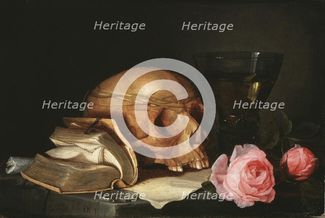 A Vanitas Still-Life with a Skull, a Book and Roses, c.1630. Creator: Jan Davidsz de Heem.