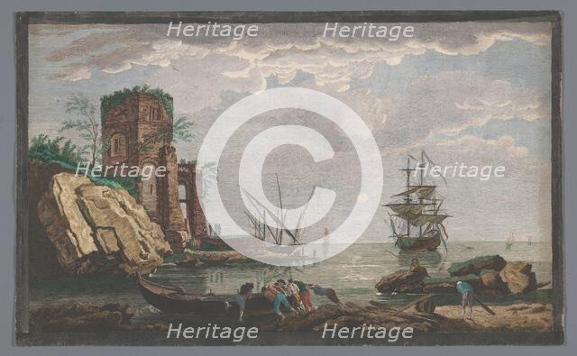 View off the coast in the vicinity of the city of Toulon by Moonlight, 1733-1797. Creators: Pierre François Basan   , Jean Francois Feradiny, Anon.