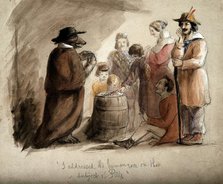 A bear wearing a hat and a cloak, selling pills to a group of country folk in Leipzig. Creator: John Frederick Tayler.