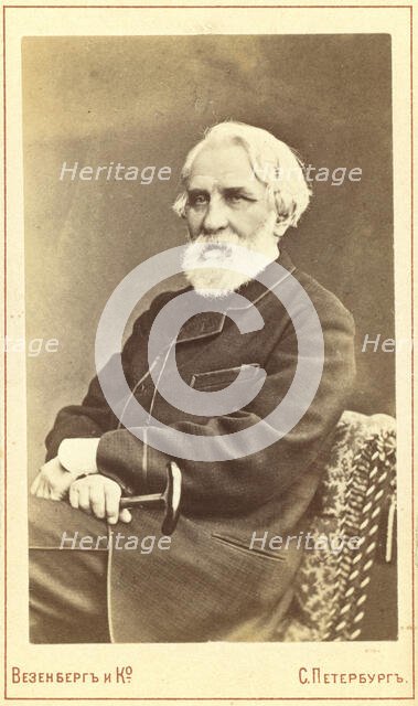 Ivan Sergeevich Turgenev, three-quarter length portrait, seated, facing left, between 1880 and 1886. Creator: Unknown.