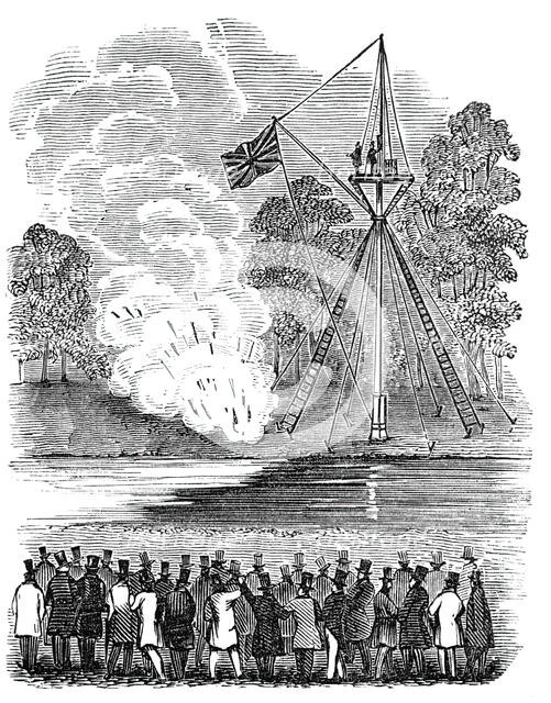 Novel experiments in warfare - shower of hand-rockets, 1844. Creator: Unknown.