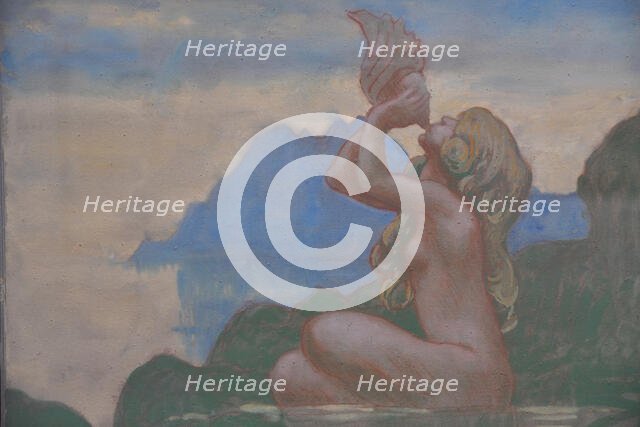 Figurine marine soufflant dans une conque (golfe de Porto), c. 1908. Creator: Auburtin, Jean Francis (1866-1930).