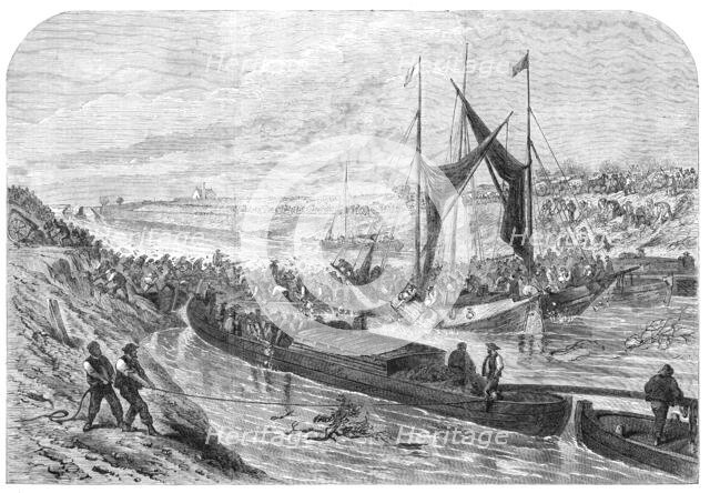 The Great Flood in the Fens: attempt to form a dam in the middle-level drain, 1862. Creator: Unknown.