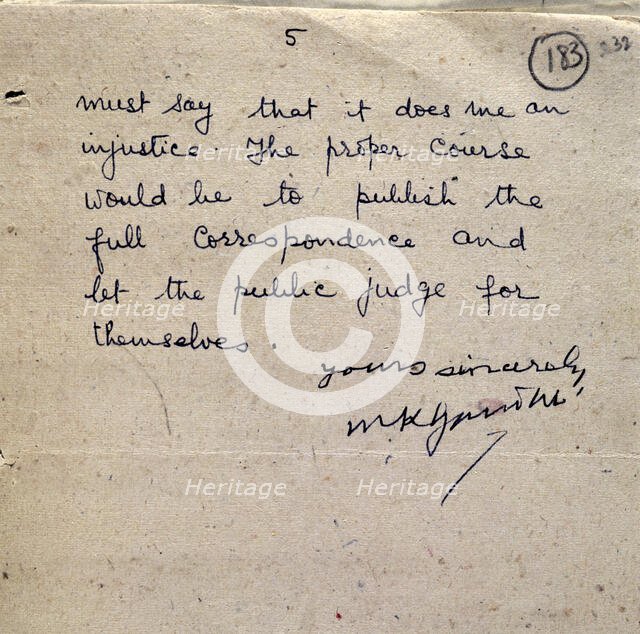 Final page of a letter from Gandhi to Sir Richard Tottenham, 1943. Creator: Mohandas Gandhi.