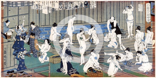 Bath house scene, a print by Toyohara Kunichika, 19th century. Artist: Toyohara Kunichika