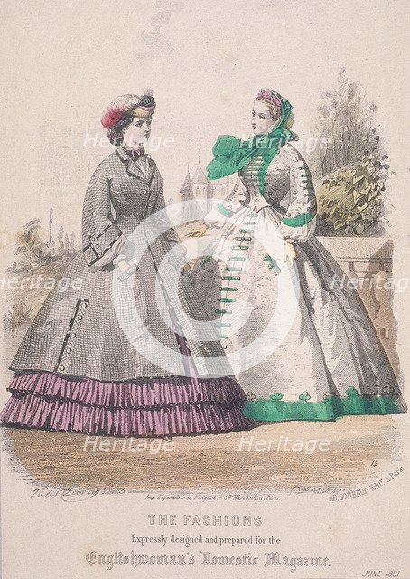 Two women model the latest fashions, 1861. Artist: Anon