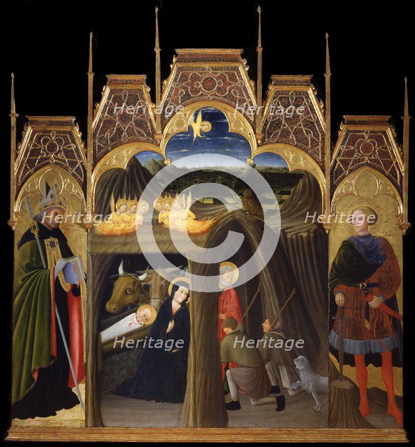 The Adoration of the Shepherds between Saints Augustine and Galgano, 1440-1449. Artist: Pietro di Giovanni d'Ambrogio (ca 1410-1449)