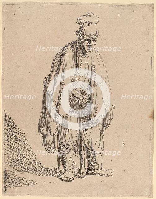 Beggar in a High Cap, Standing and Leaning on a Stick, c. 1630. Creator: Rembrandt Harmensz van Rijn.