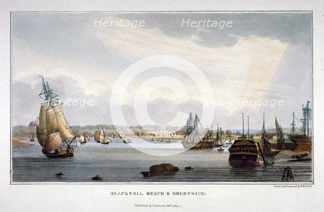 View of water vessels on the River Thames showing Blackwall and Greenwich, London, 1821.             Artist: WH Timms