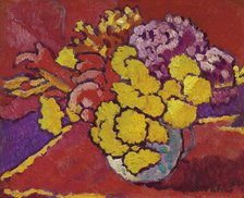 Yellow flowers, red drapery (Fleurs jaunes, draperie rouge) , 1944. Creator: Valtat, Louis (1869-1952).