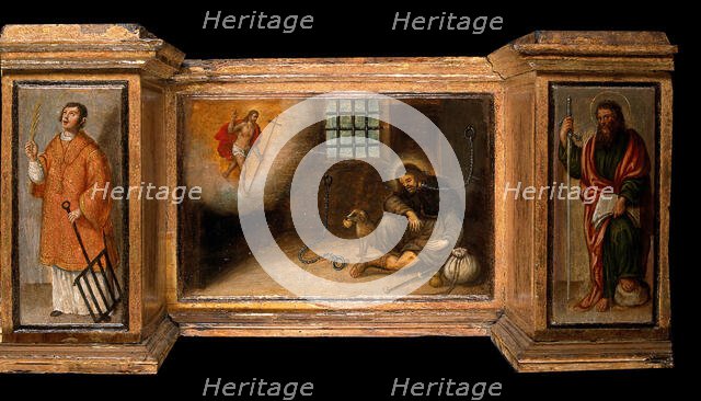 Predella with three scenes of Saint Roch, and figures of Saint Peter, Christ as..., c1580?- 1620?. Creator: Unknown.