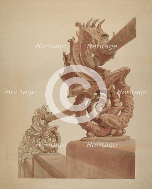 Iron Fence - Sea Horse Design, c. 1936. Creator: Carl Hobby.