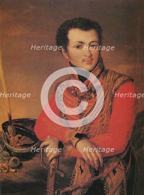 Portrait of Artemy Lazarev (1791-1813), Staff ride master of the Life-Guards Hussar Regiment, 1820s. Artist: Anonymous  