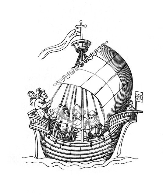 Sailing ship, 1445, (1843).Artist: Henry Shaw