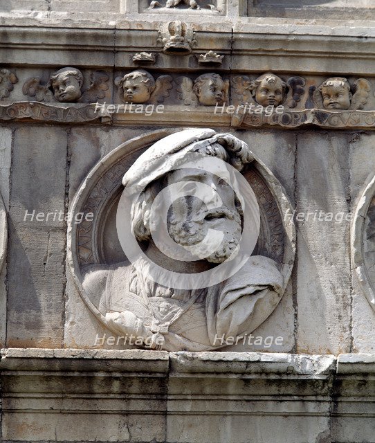 Medallion in stone on the facade of the old Hospital of San Marcos representing King Charles I of…