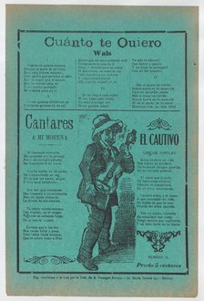 Broadsheet with three love songs; a man singing and playing the guitar..., ca.1900-1920 (published). Creator: José Guadalupe Posada.