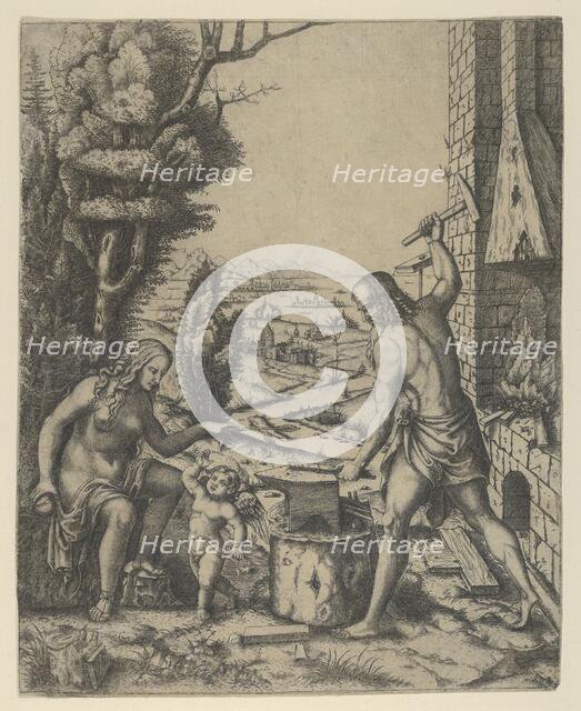 Venus at left holding a golden apple in her right hand and an arrow in her left, Vulca..., ca. 1505. Creator: Marcantonio Raimondi.