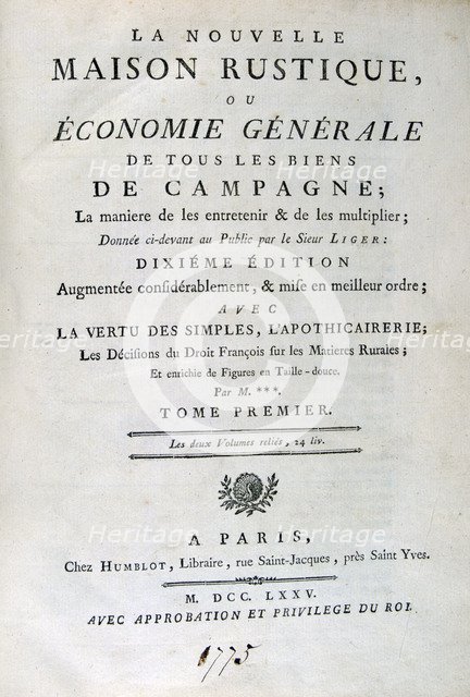 Title page to La Nouvelle Maison Rustique, ou Economie Générale, 1775. Artist: Unknown