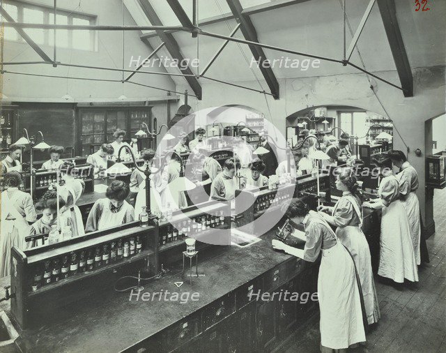 Domestic chemistry class, Battersea Polytechnic, London, 1907. Artist: Unknown.