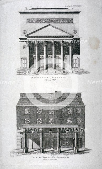 The old and new Haymarket Theatres, Westminster, London, 1822.                                       Artist: Hixon