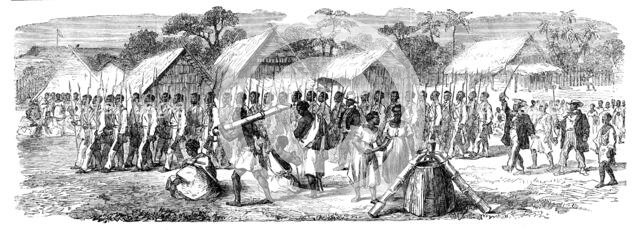 Procession of the British Envoys to Madagascar from the seashore to the Fort of Tamatave..., 1862. Creator: Unknown.