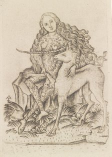Playing Card, with Wild Woman and Unicorn, 15th century. Creator: Master ES.