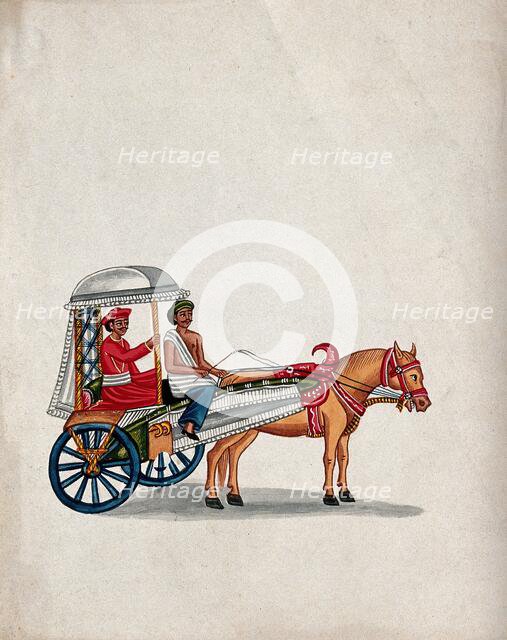 A man sitting in a small carriage pulled by a horse, (between 1800 and 1899?). Creator: Unknown.