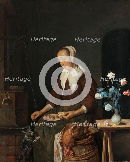 Woman Eating, Known as ‘The Cat’s Breakfast’, c.1661-c.1664. Creator: Gabriel Metsu.