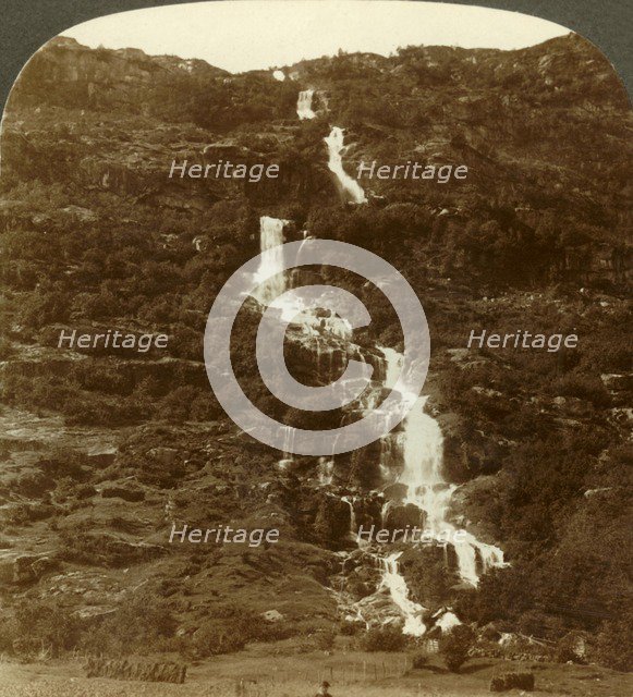 'Rustoen Falls, as they come out of the sky, above Rustoefjeld heights, Norway', c1905. Creator: Unknown.