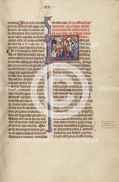 Initial N: A Man Dictating his Testament to a Notary and Supplicants before..., about 1290-1310. Creator: Unknown.