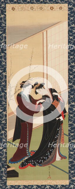 Interior: a woman helping a girl to dress, Edo period, 1726-1792. Creator: Katsukawa Shuncho.