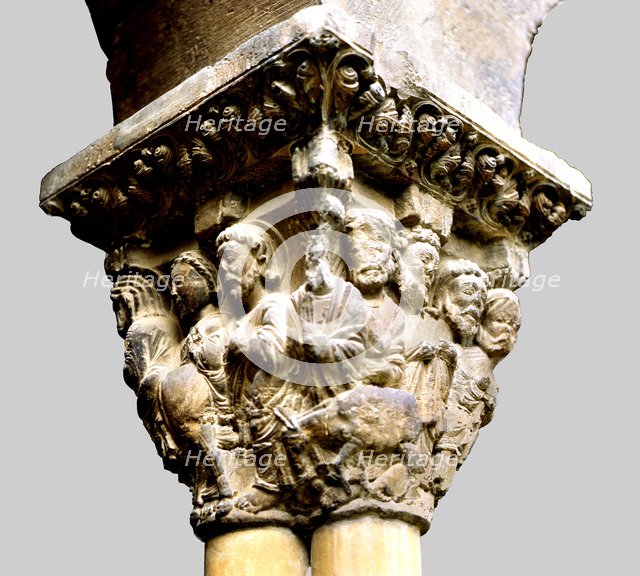 Entry of Jesus into Jerusalem, decoration of a capital of the cloister of the Tudela cathedral (N…