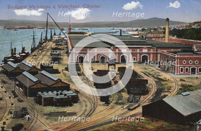 Dockyard workshops and waterfront, Gibraltar, 20th century. Artist: Unknown
