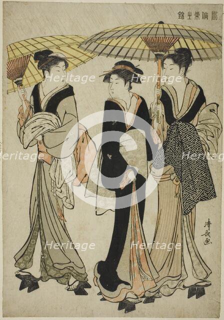 Under Umbrellas in a Shower, from the series "A Brocade of Eastern Manners (Fuzoku...", c1783/84. Creator: Torii Kiyonaga.