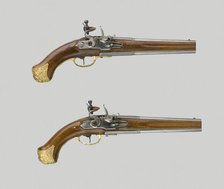 Pair of Double-Barrel Flintlock Pistols, Saxony, c. 1730. Creator: Unknown.